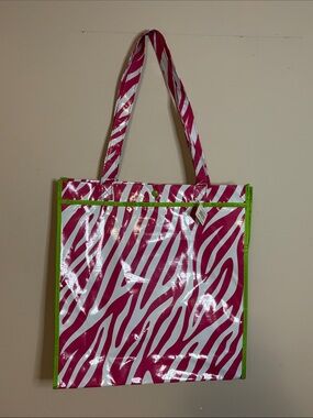 Pink Zebra Print reusable vinyl Tote Bag with Green Trim NWT